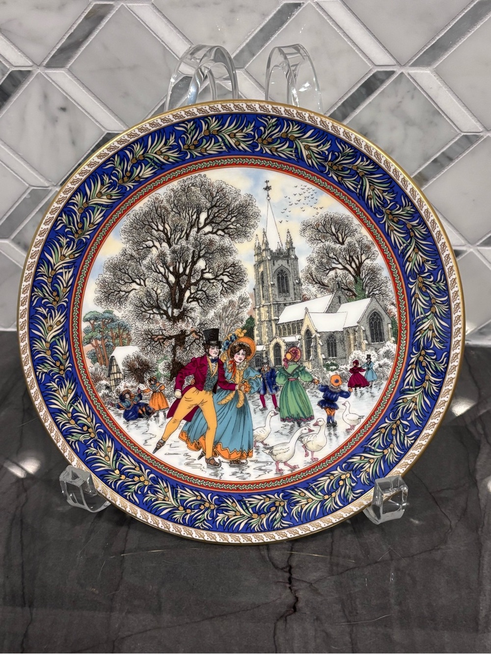 Royal Worcester vintage Christmas Past BOXING DAY ice skating #3 Salad plate 8"